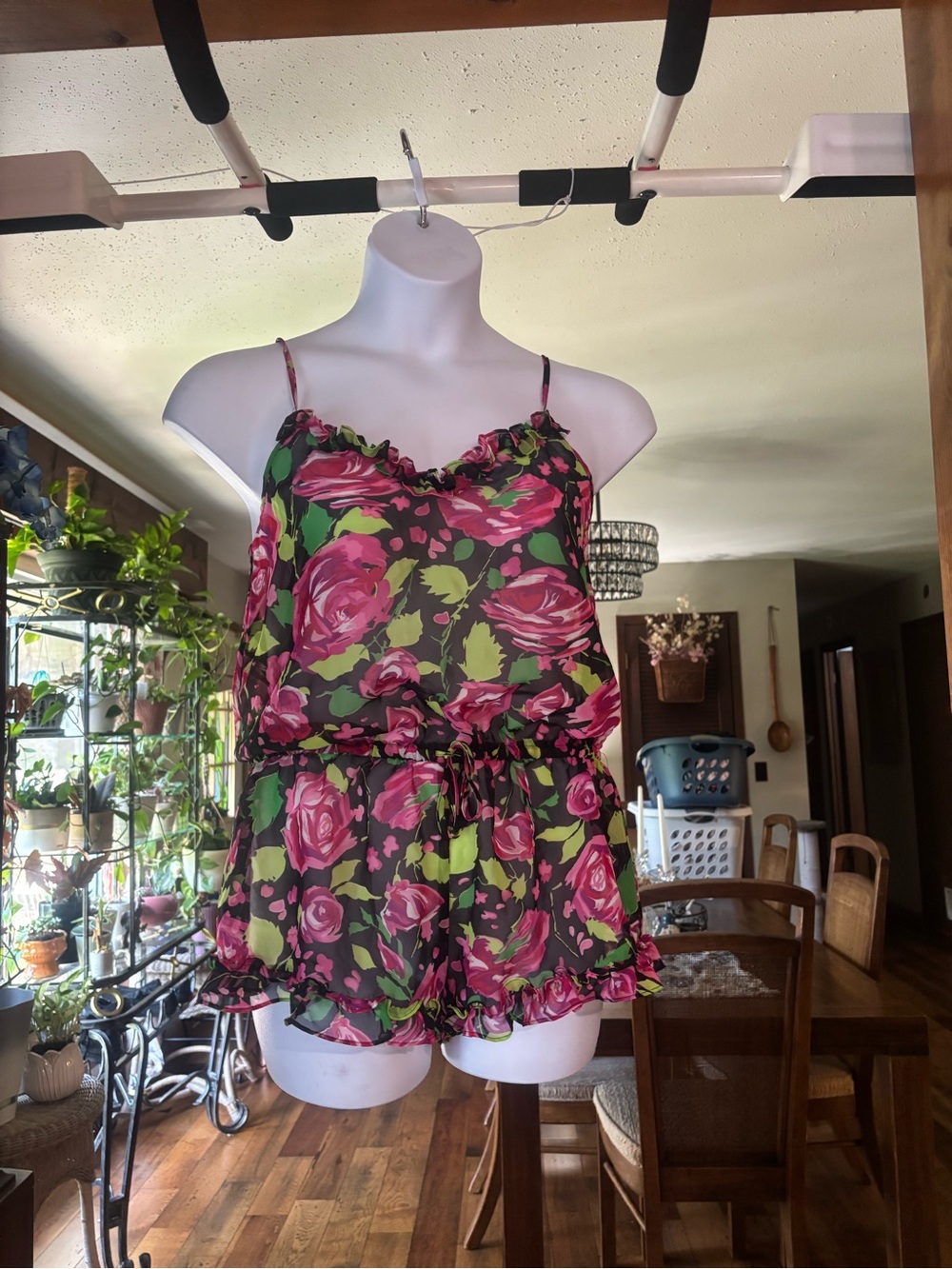 Betsey Johnson Intimates Women’s Floral Ruffle Cami Romper - Pink & Green Sz M